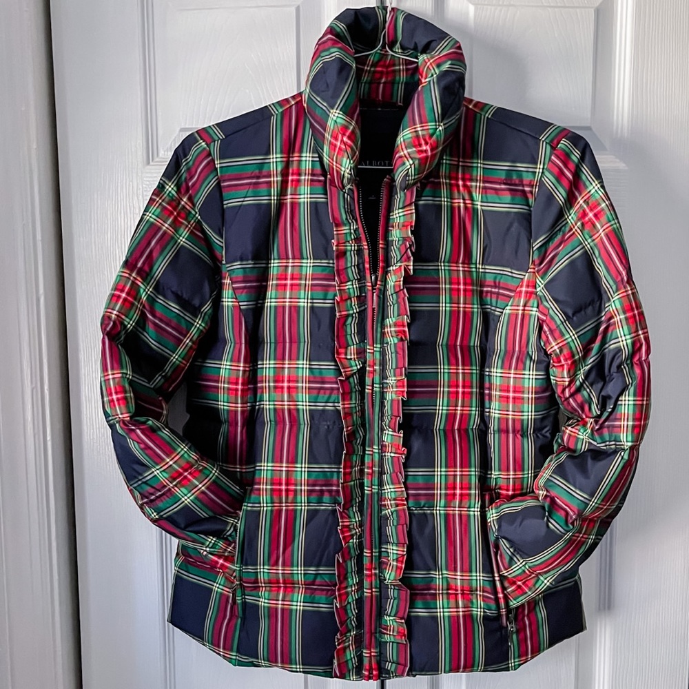 Talbots Ladys Tartan Plaid Ruffle Zip Front Puffer